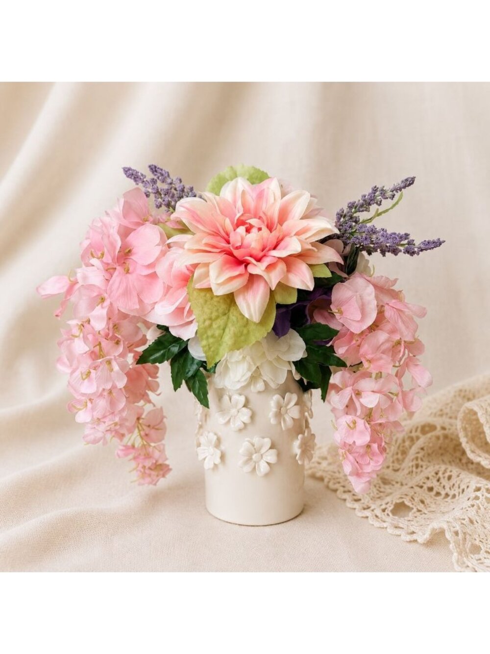Pink Silk Floral Arrangement White Daisy Ceramic Vase Hydrangea Dahlia Decor